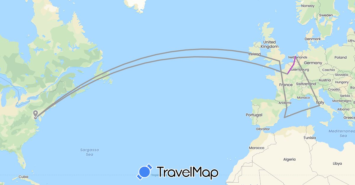 TravelMap itinerary: driving, plane, train in Belgium, Spain, France, United Kingdom, Italy, Netherlands, United States (Europe, North America)
